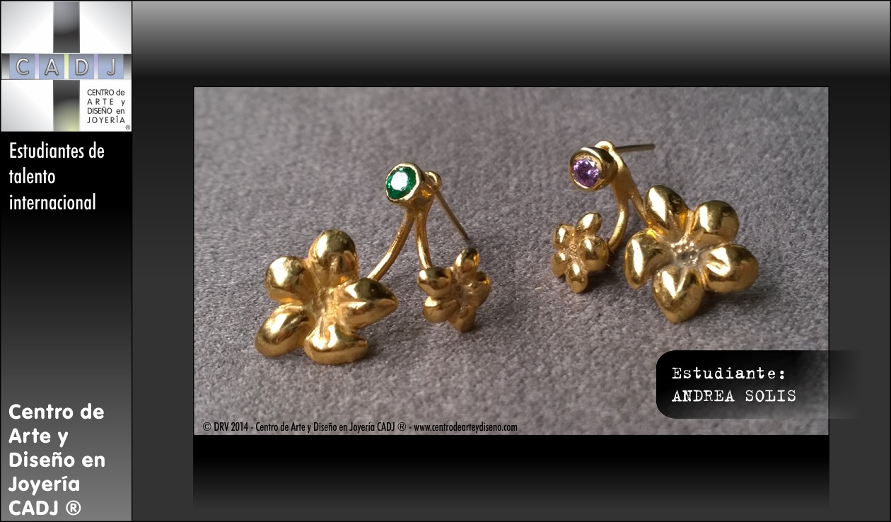 Aretes dorados con zirconias, Escuela de Arte, Diseño y Joyería CADJ ®