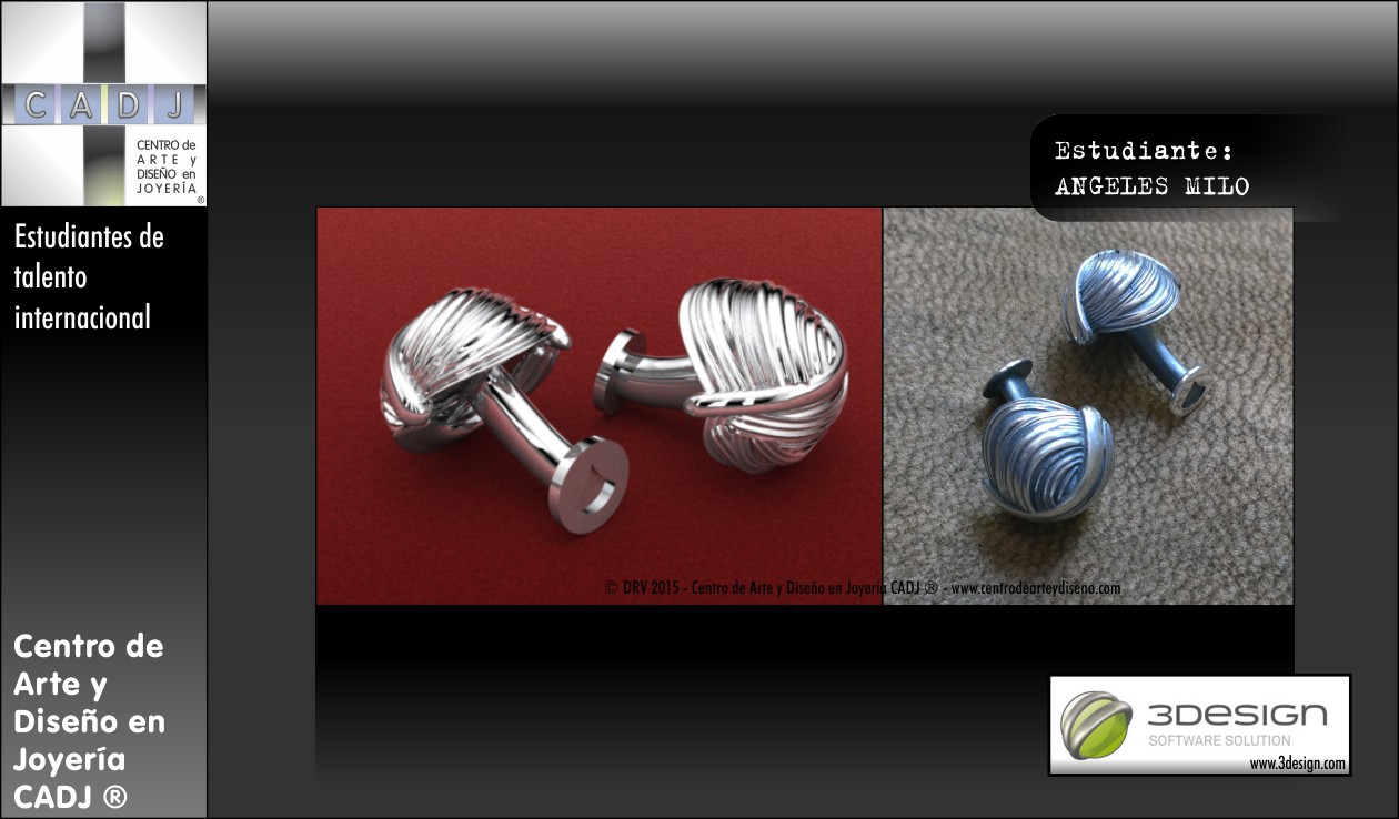 Mancuernas de plata - Diseñadas en 3DESIGN, render con DEEP IMAGE, impresión 3D, Escuela de Arte, Diseño y Joyería CADJ ®