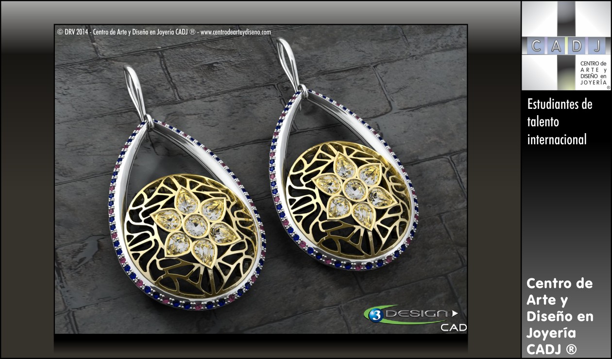 Aretes de oro y plata con zafiros y rubies, Damien Rohrbach - 3DESIGN CAD V8, Escuela de Joyería CADJ ®