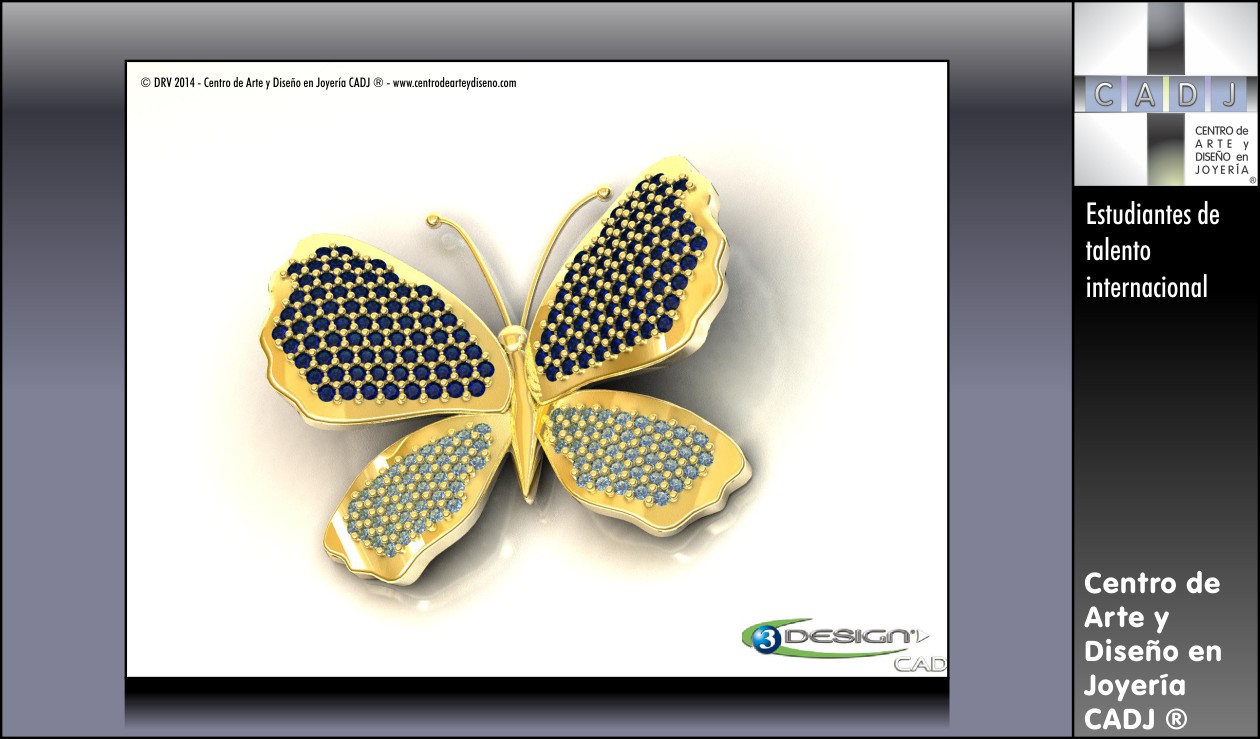Mariposa de oro con pavé de zirconias, Damien Rohrbach - 3DESIGN CAD V8, Escuela de Joyería CADJ ®