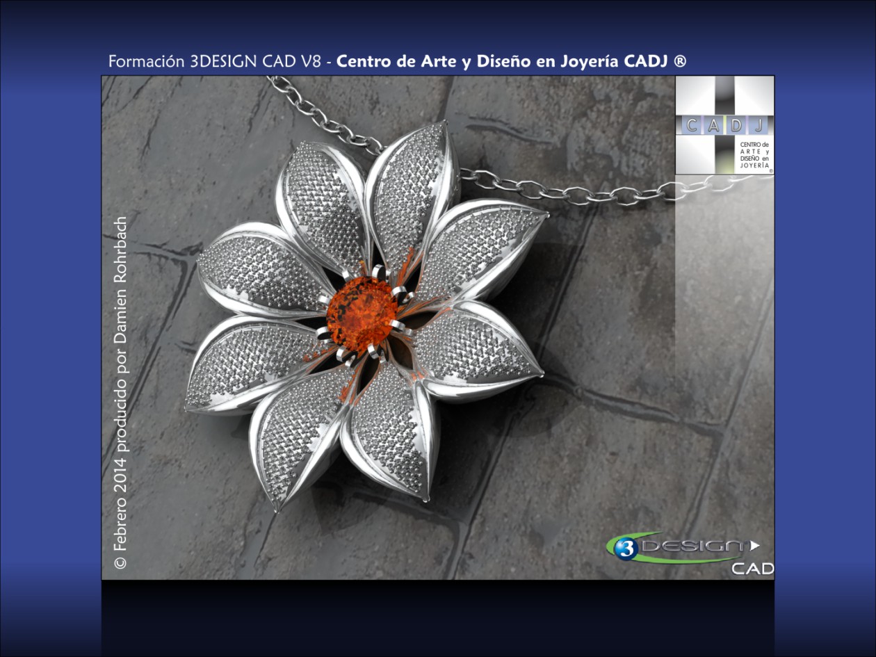 Flor con diamantes y zafiro padparadscha, Damien Rohrbach - 3DESIGN CAD V8, Escuela de Joyería CADJ ®