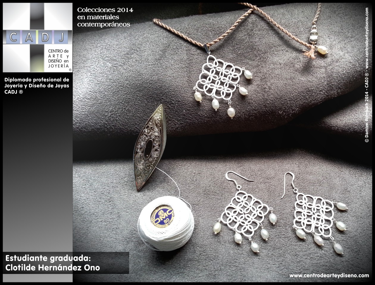 Tejido Frivolité y perlas, creación de joyería contemporánea, Escuela de Arte, Diseño y Joyería CADJ ®