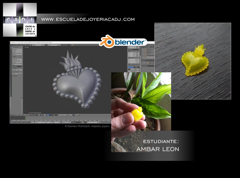 Dije de corazón sagrado, diseño 3D con Blender 3D. Impresión de joyería 3D, Escuela de joyería CADJ ®