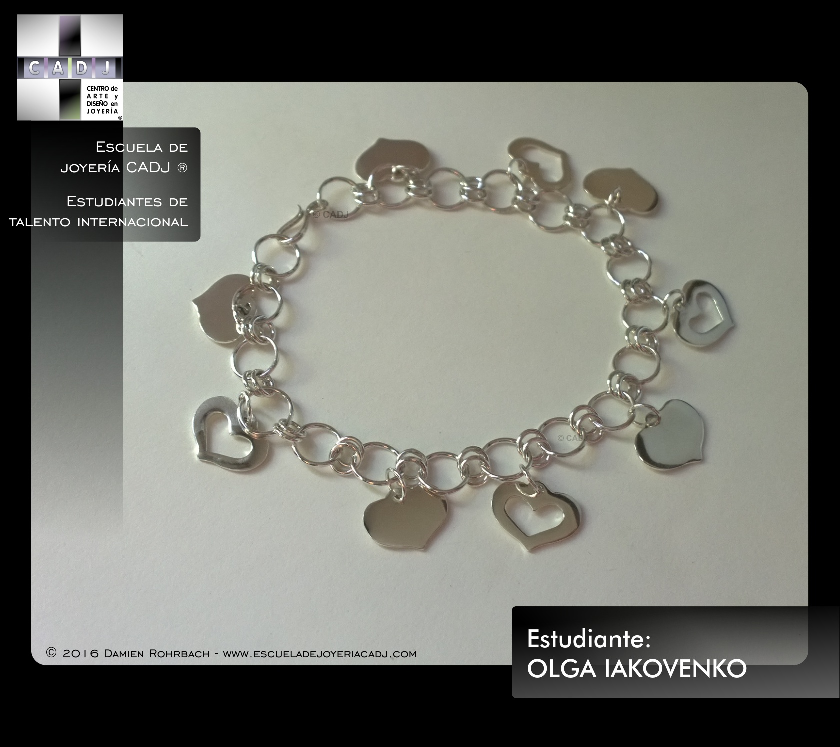 Pulsera de plata con corazones, calado a mano, Escuela de joyería CADJ ®