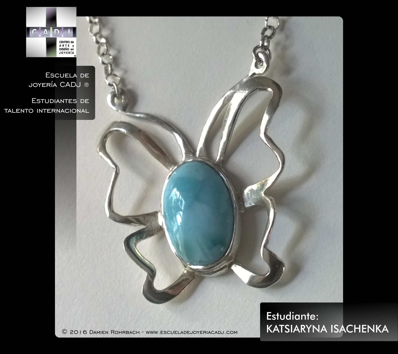 Mariposa de plata con chrysoprasio, Escuela de joyería CADJ ®