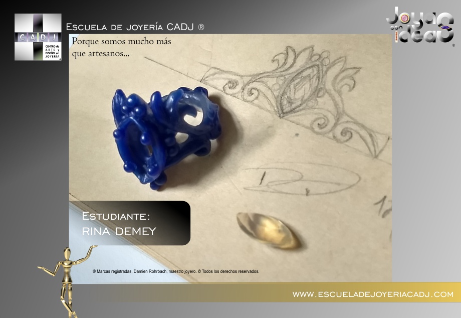 Anillo de plata con ópalo, en proceso, modelado en cera, realizado a mano, Escuela de joyería CADJ ®