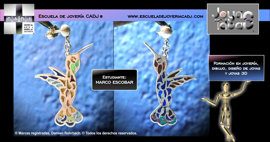 Aretes de colibries con esmalte vitral, Escuela de joyería CADJ ®