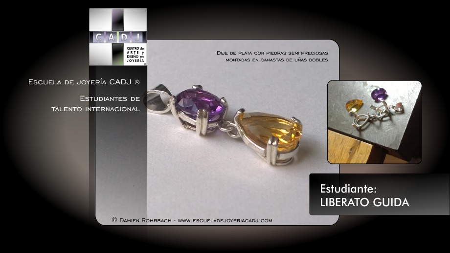 Dije de plata con piedras semi-preciosas montadas en canastas de uñas dobles, Escuela de joyería CADJ ®