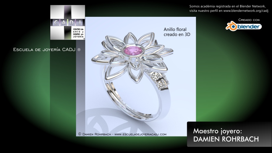 Anillo de oro blanco con zafiros, diseño de joyas 3D, modelado y renderizado con BLENDER, Damien Rohrbach, maestro joyero Escuela de joyería CADJ ®