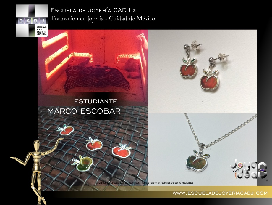 Dije y aretes de plata esmaltada al horno, Escuela de joyería CADJ ®