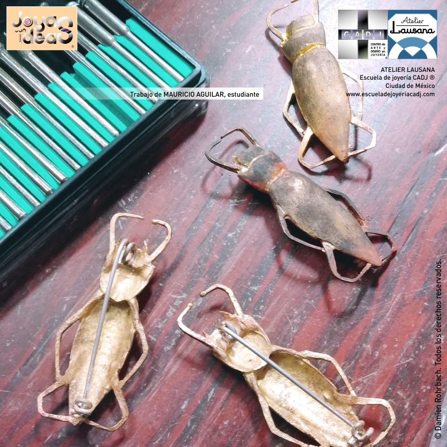 Escarabajos de latón, realizado directamente en metal a mano, Escuela de joyería CADJ ®