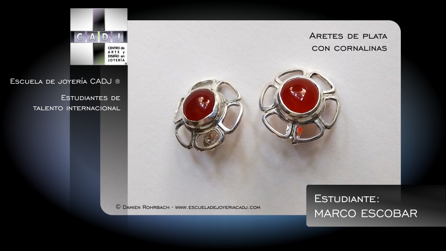 Aretes de plata con cornalina, Escuela de joyería CADJ ®