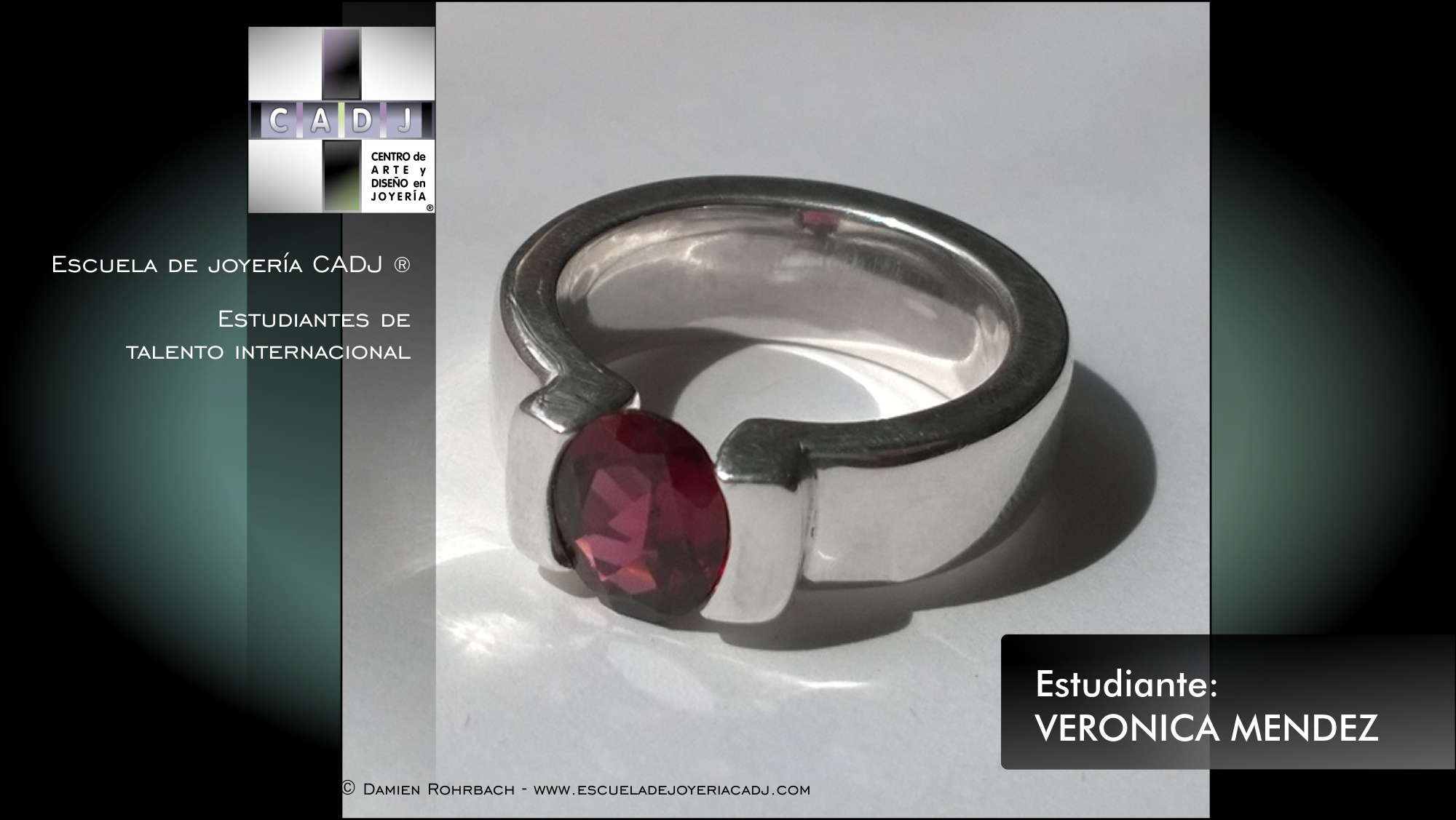 Anillo de plata con rodolita montado tensión, Escuela de joyería CADJ ®