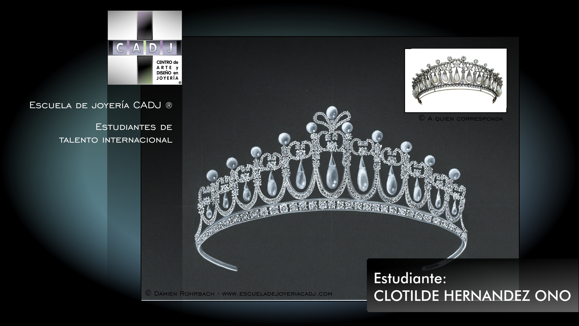 Boceto de joyería con gouache, realizado a partir de la tiara de la Reina Elizabeth II - Escuela de joyería CADJ ®