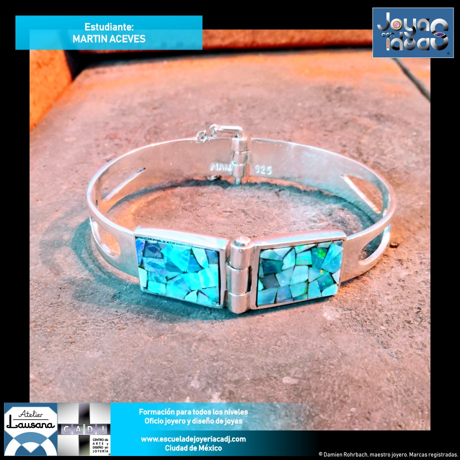 Pulsera de plata con ópalo, forgado a mano, Escuela de joyería CADJ ®