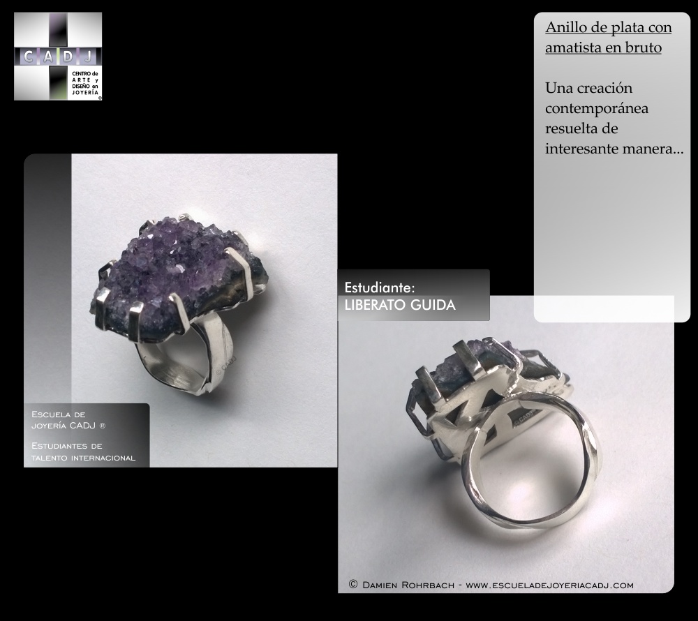 Anillo de plata con amatista en bruto, Escuela de joyería CADJ ®