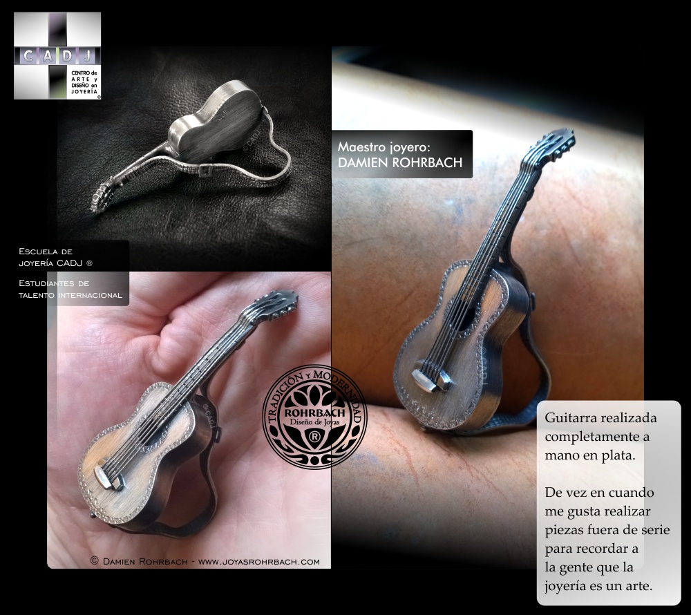 Guitarra realizada completamente a mano en plata, Damien Rohrbach, maestro joyero Escuela de joyería CADJ ®