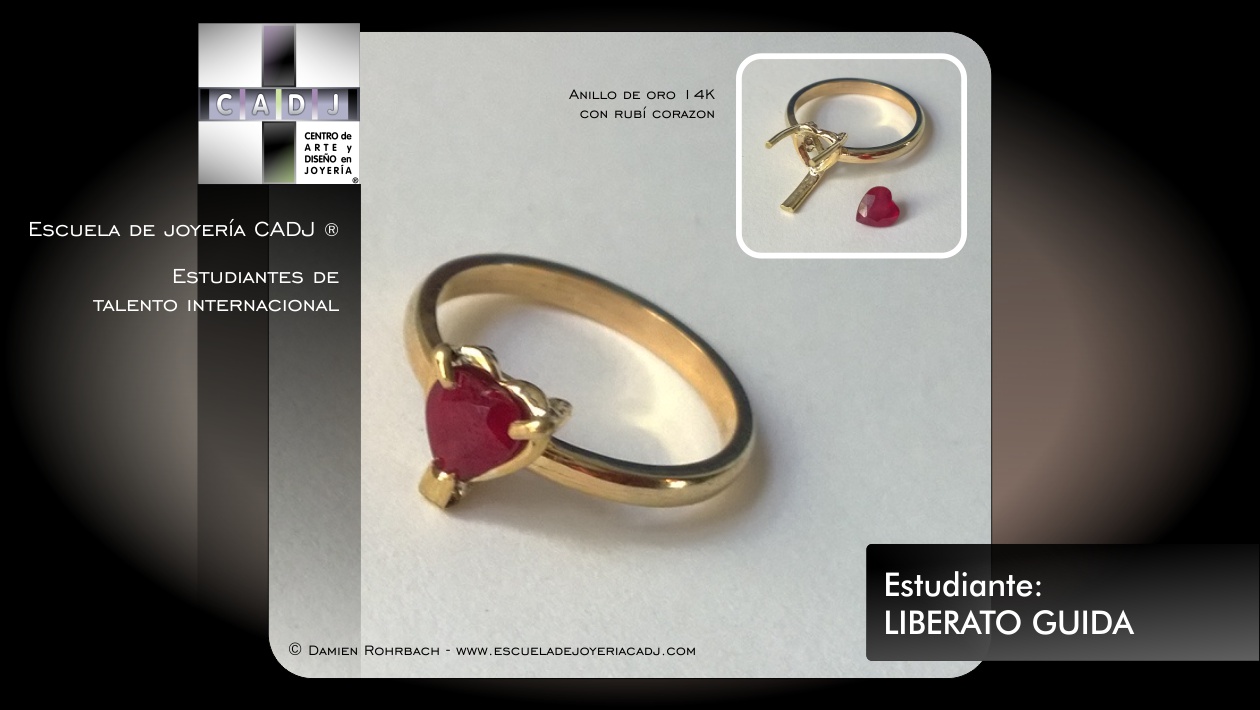 Anillo de oro 14K con rubí corazon, Escuela de joyería CADJ ®