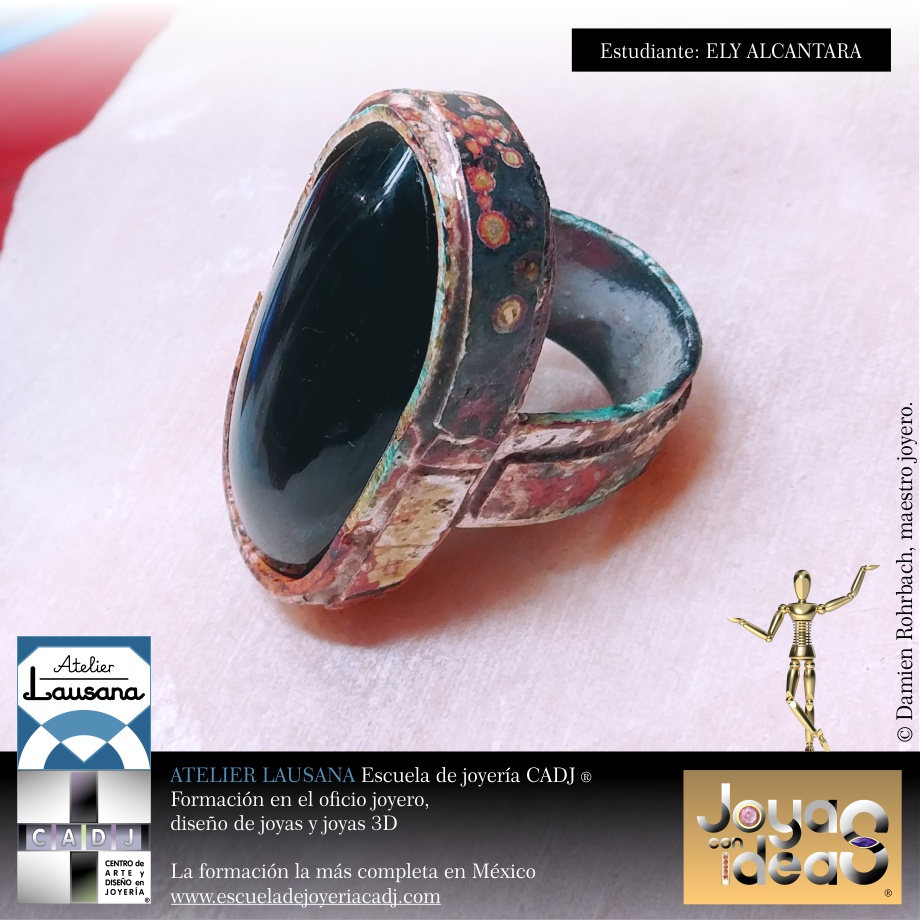 Anillo de plata con obsidiana y acabado esmaltado, Escuela de joyería CADJ ®