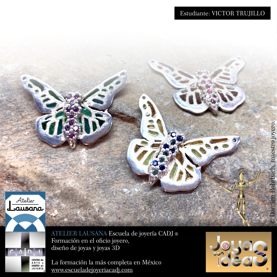 Mariposas de plata con piedras pavé de granos y esmaltes vitral, Escuela de joyería CADJ ®